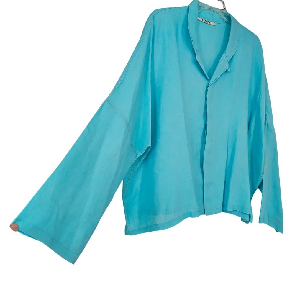 Planet By Lauren G Linen Button Up‎ Shirt OS Turquoise Relaxed Coastal Lagenlook - Picture 9 of 10